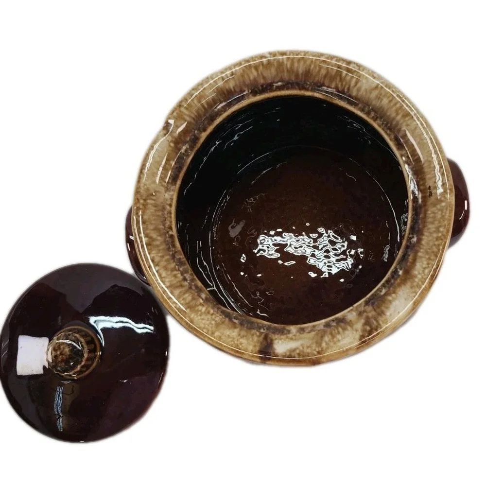 Vintage Hull Pottery Bean Pot Brown Drip Glaze Oven Proof with Lid Cookie Jar
